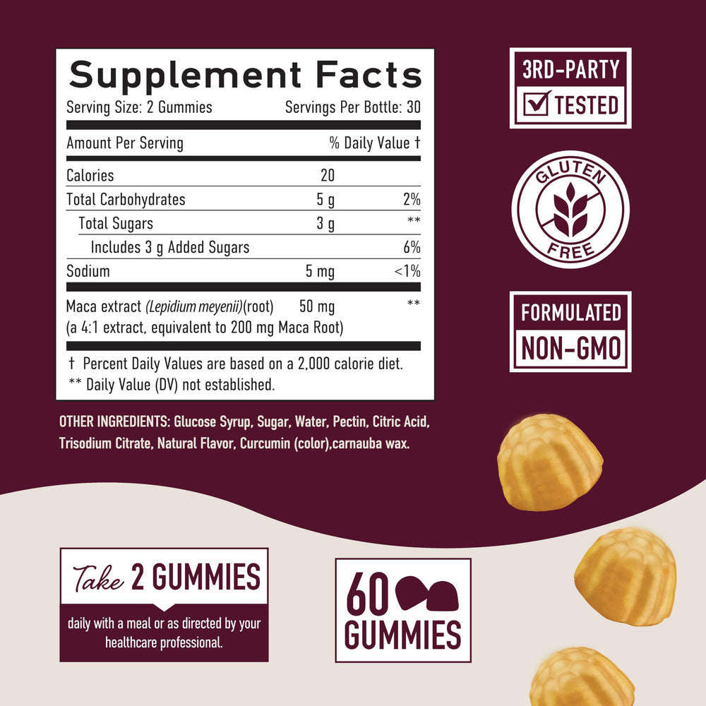 SMNutrition maca root gummies third-party testing seal indicating quality assurance.