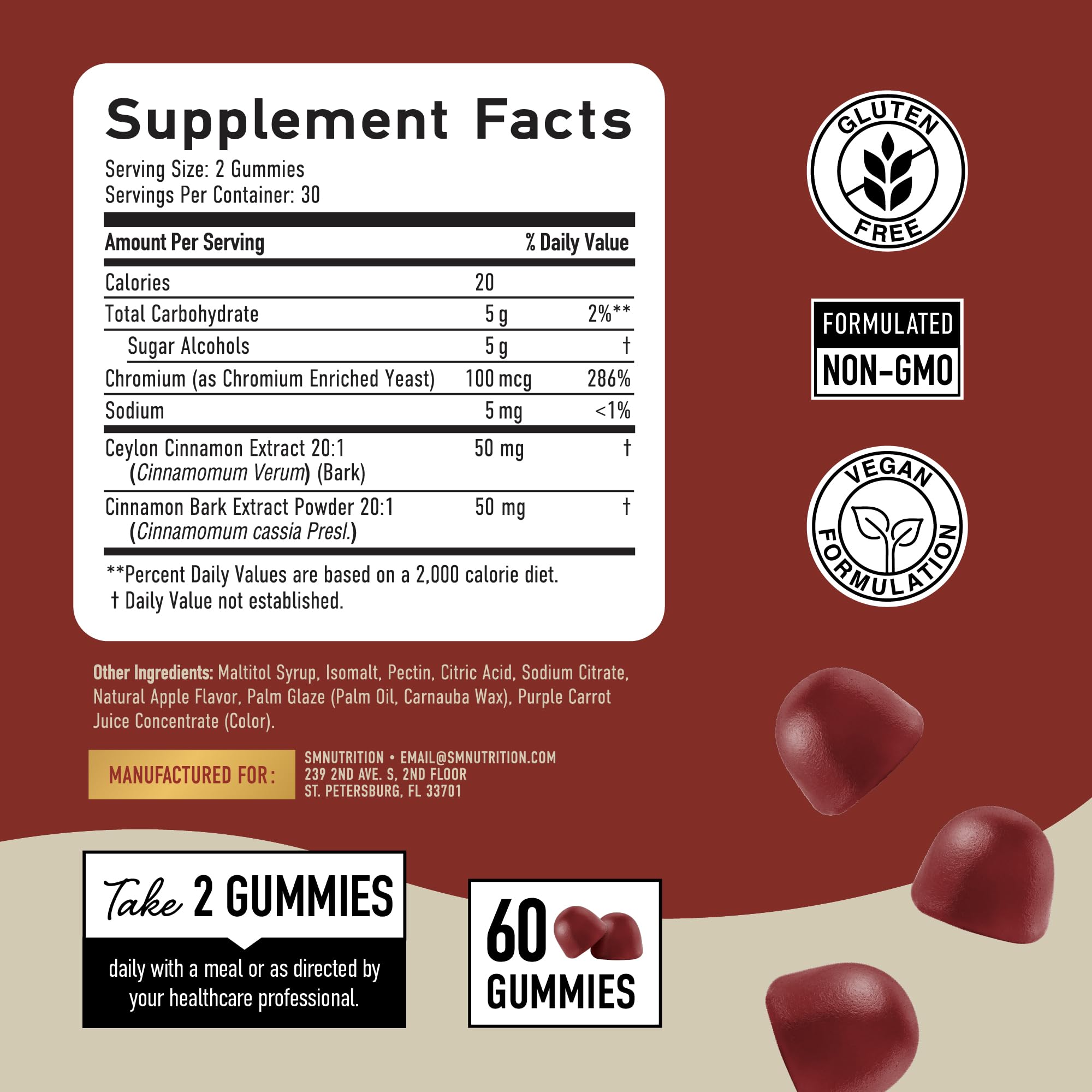 CEYLON CASSIA cinnamon combo badge on SMNutrition gummy label