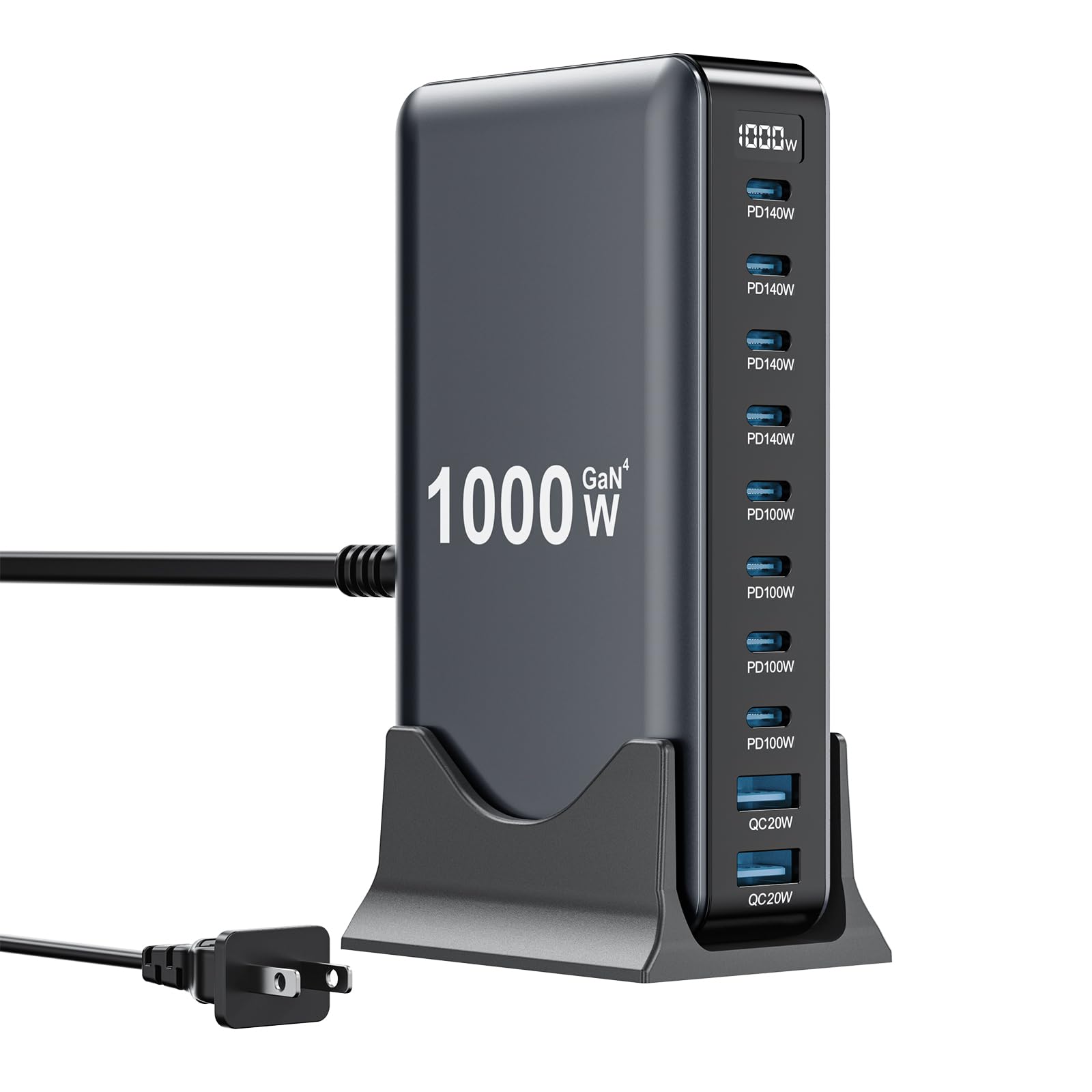 SMSASOEO 1000W charger front view with 8 USB-C and 2 USB-A ports for versatile charging.