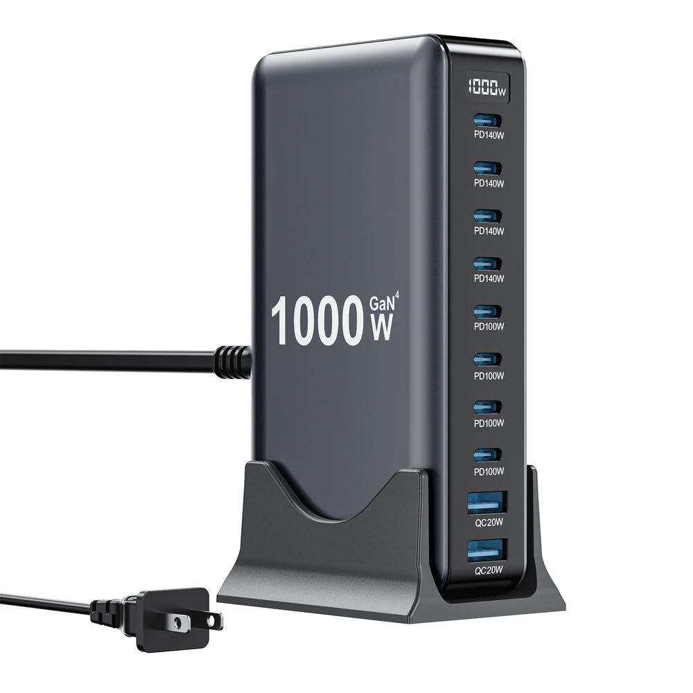 SMSASOEO 1000W charger front view with 8 USB-C and 2 USB-A ports for versatile charging.