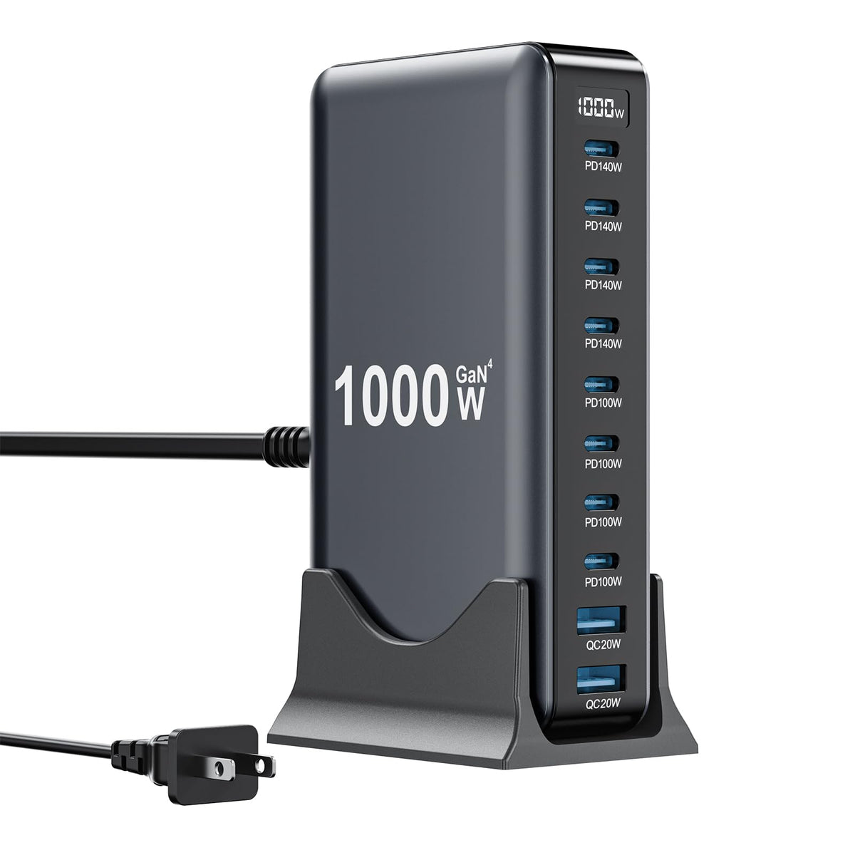SMSASOEO 1000W charger front view with 8 USB-C and 2 USB-A ports for versatile charging.