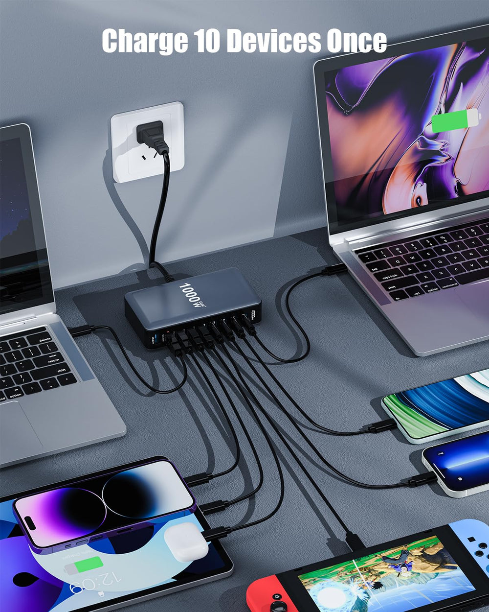 SMSASOEO 10-port charger ports exposed illustrating easy access while desk organizing.