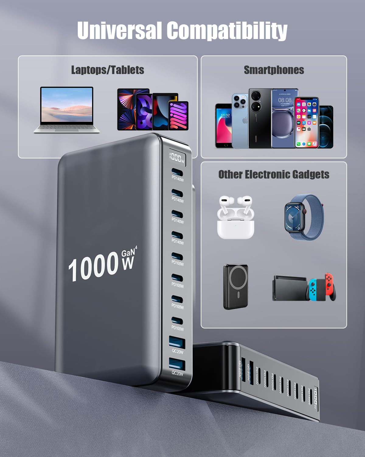 SMSASOEO 10-port setup showing clutter-free workspace and simultaneous device charging.