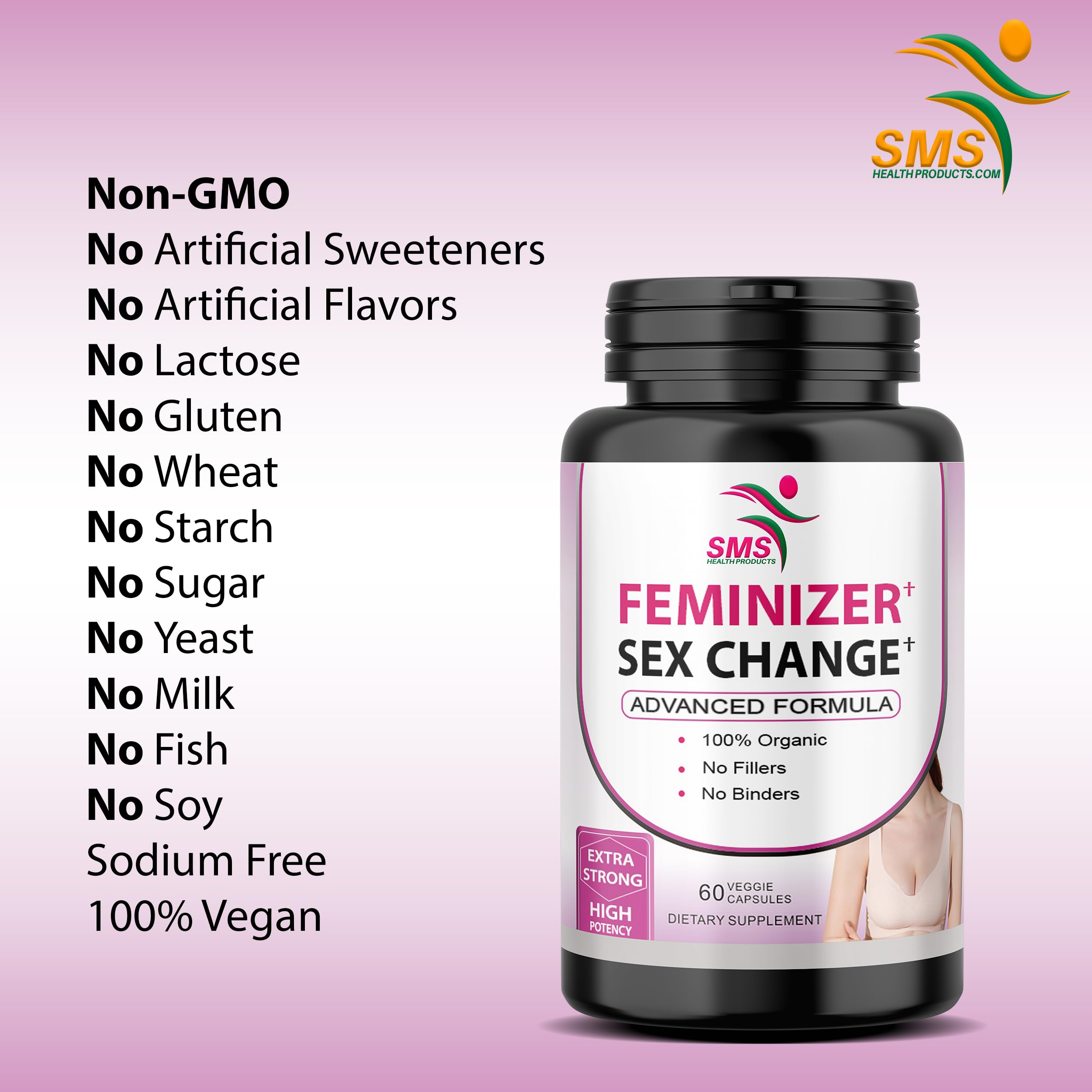 SMS Health Products feminizer label close view highlights plant-based formula details.