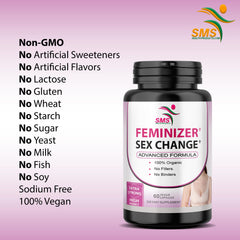 SMS Health Products feminizer label close view highlights plant-based formula details.