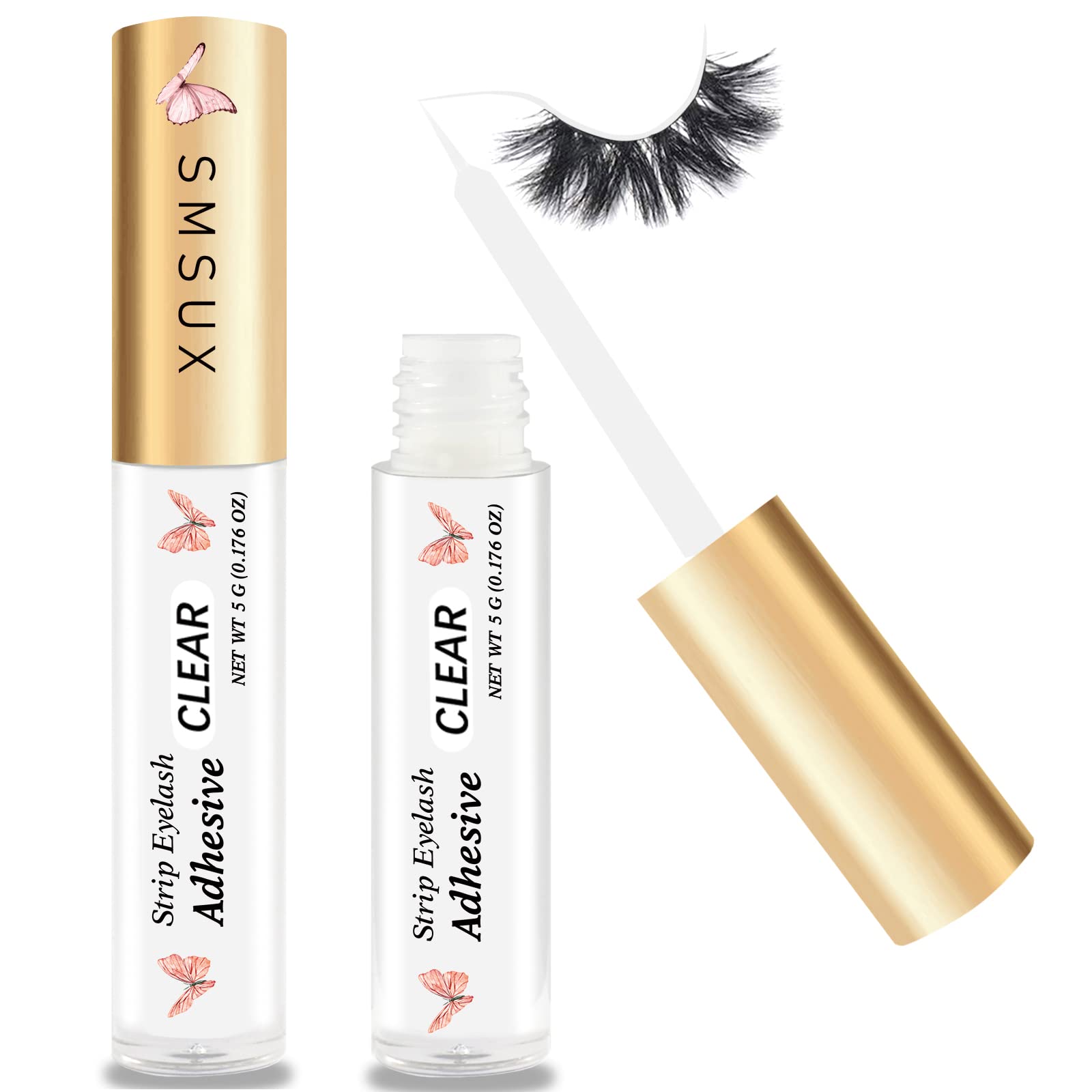 SMSUX clear eyelash glue bottle shows waterproof hold for all-day wear.