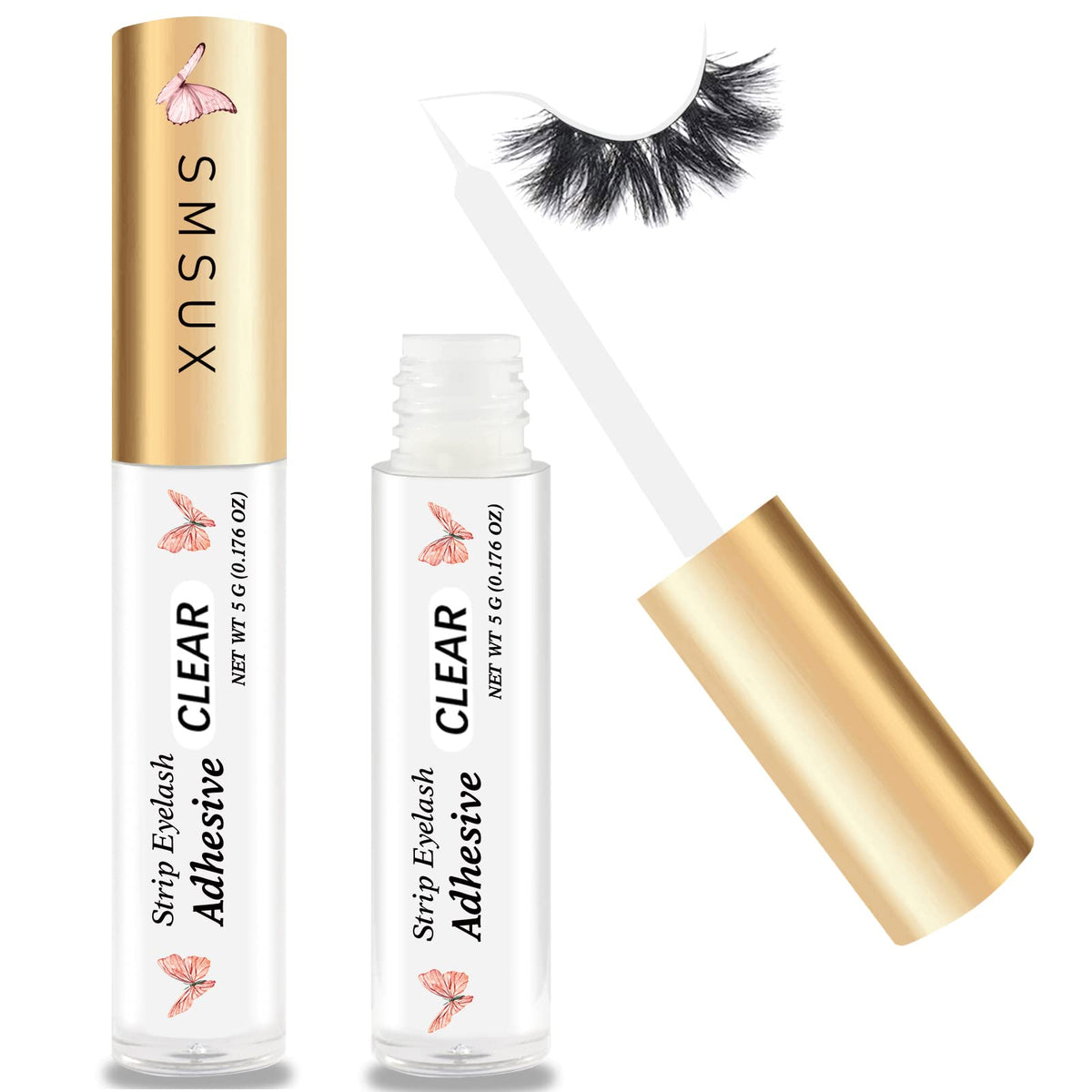 SMSUX clear eyelash glue bottle shows waterproof hold for all-day wear.