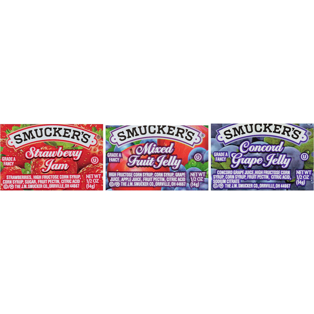 Smucker's strawberry jam portion cup ready for quick breakfast use