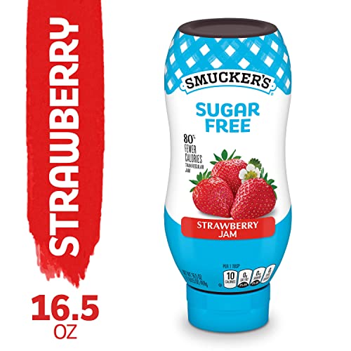 Pouring jam from squeezable bottle highlights mess-free serving.