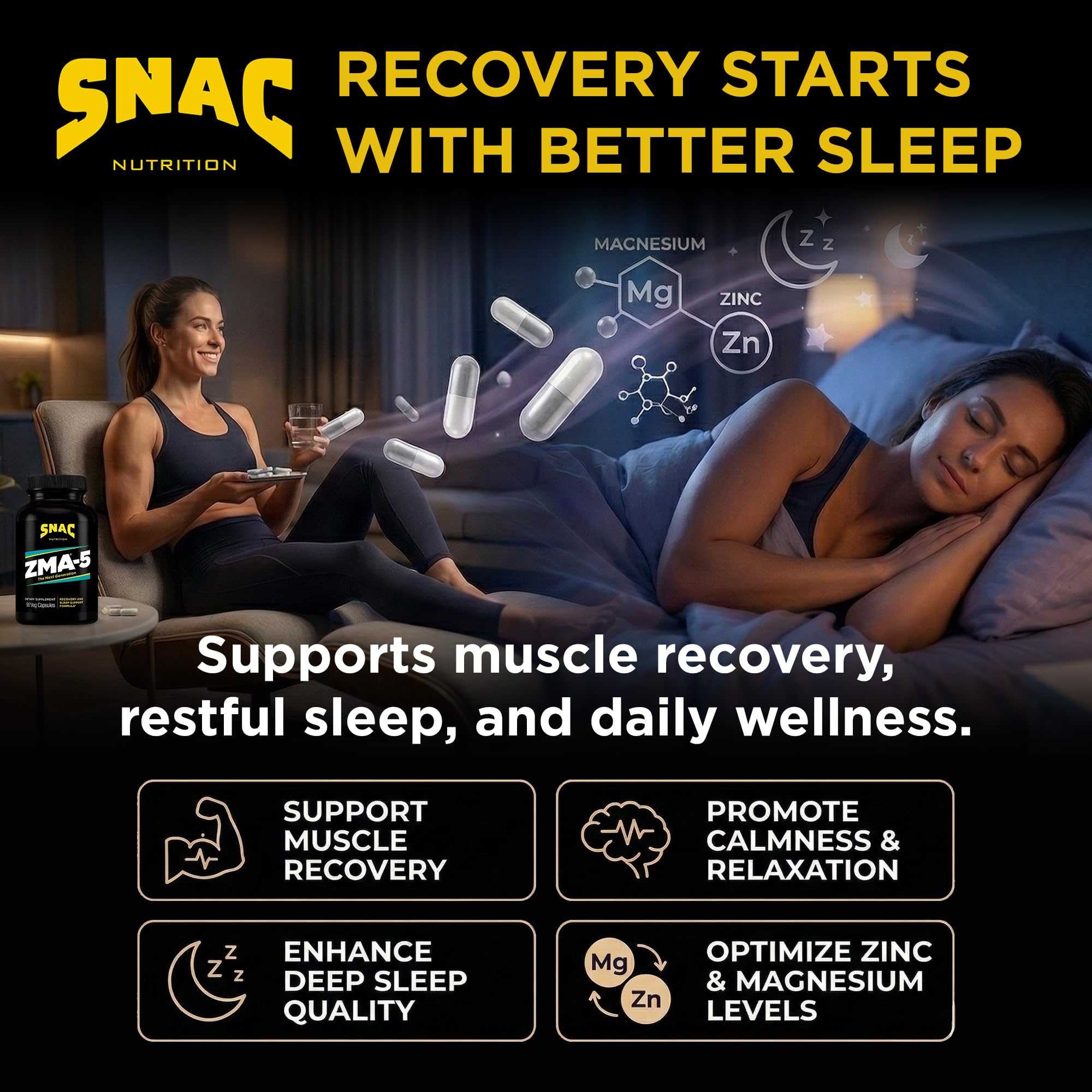 SNAC ZMA-5 capsules close-up for quality ingredients and routine.