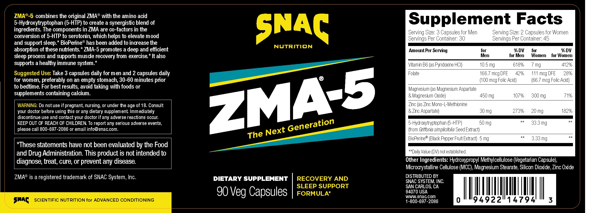 SNAC ZMA-5 label closeup highlighting clean, gluten-free formula for recovery