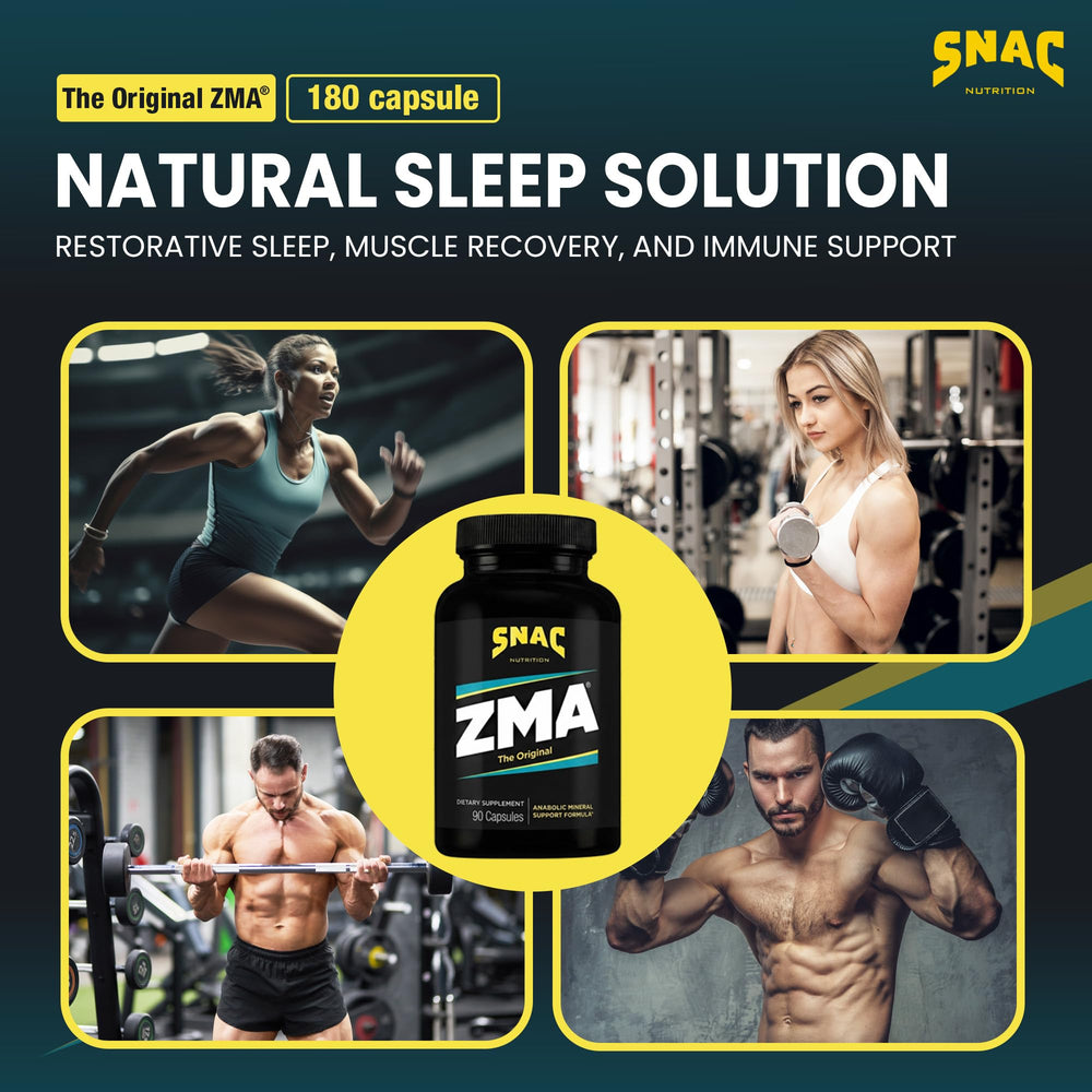 SNAC ZMA capsules closeup highlighting zinc and magnesium for recovery and relaxation.