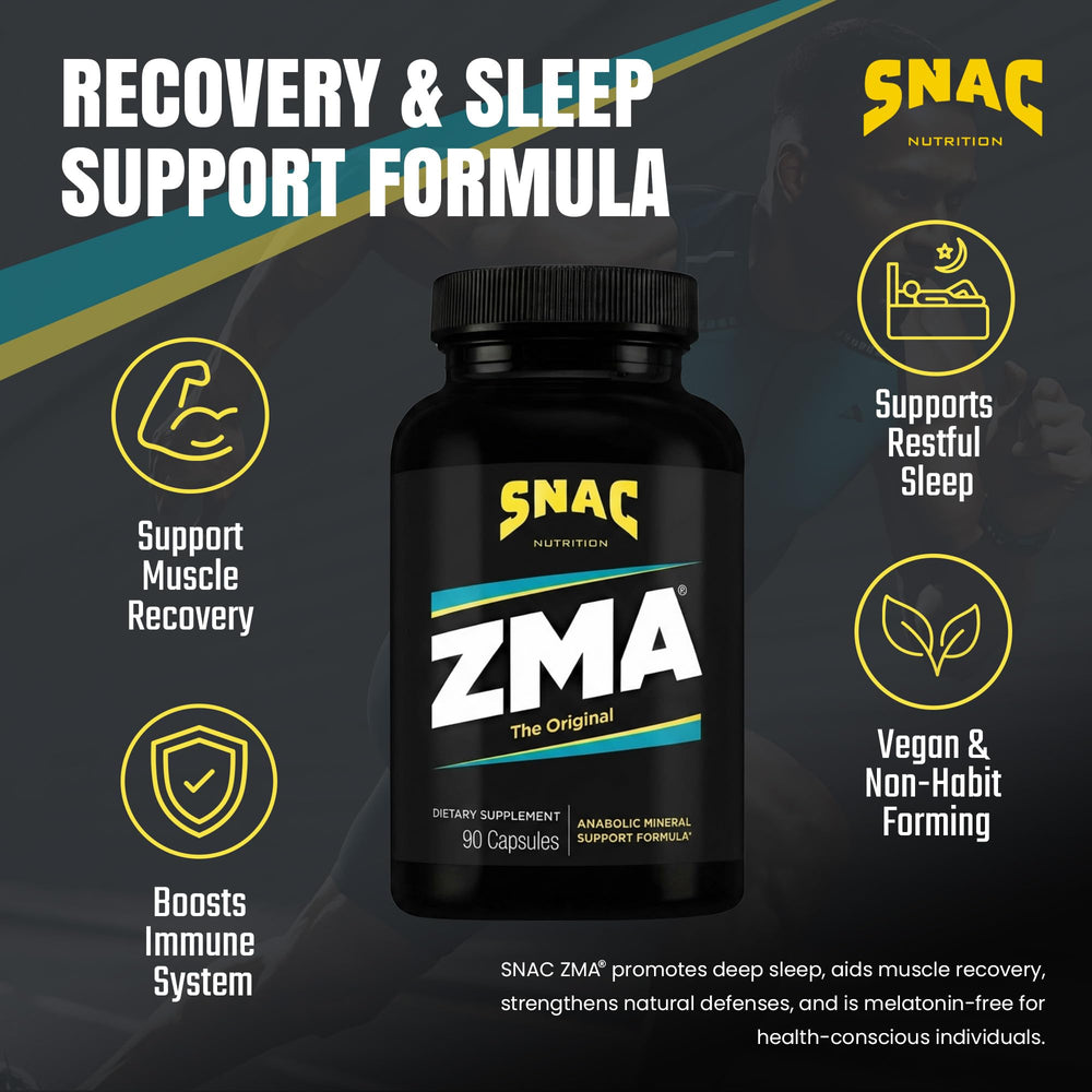SNAC ZMA label detail emphasizes Vitamin B6 and hormonal balance potential.