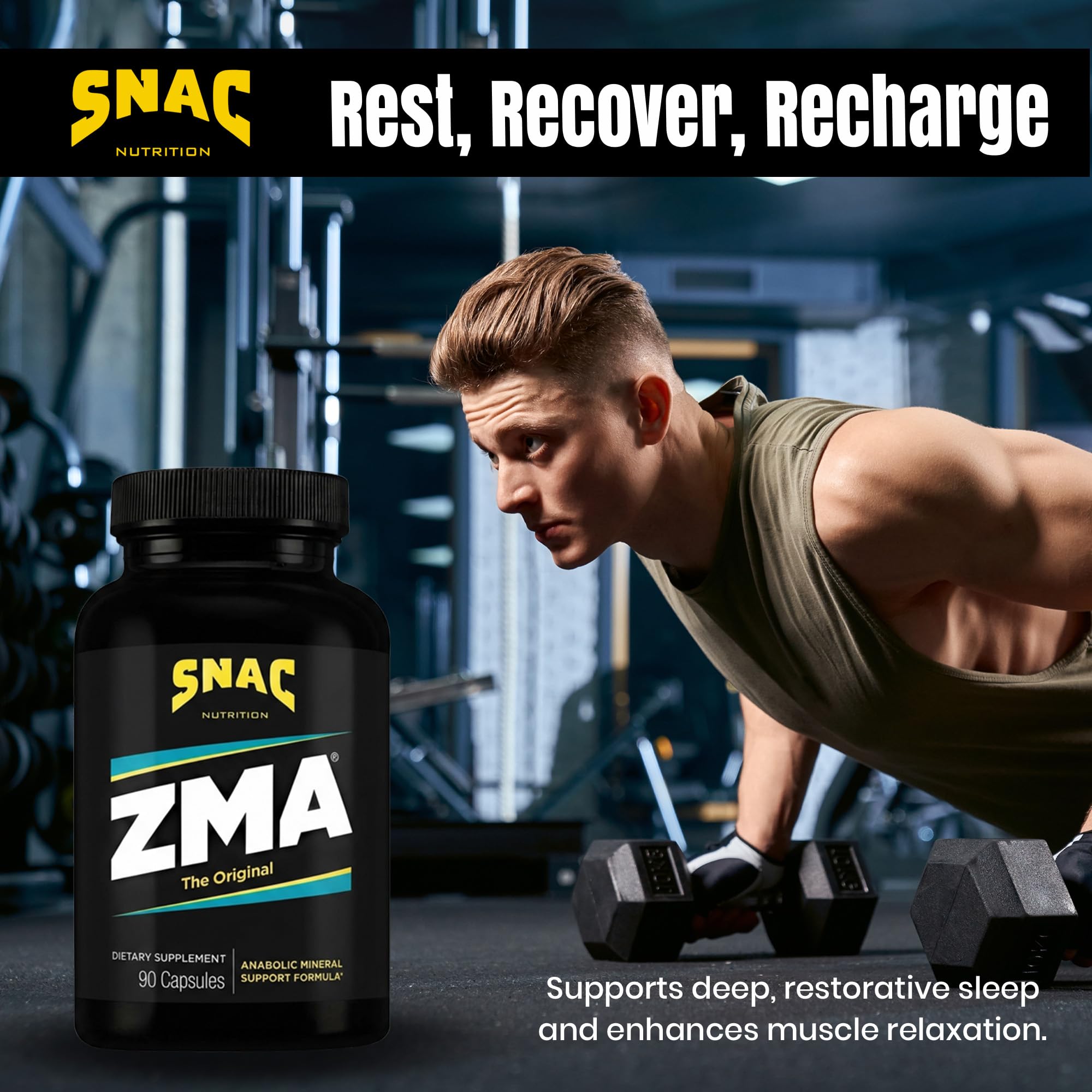 SNAC ZMA bottle close-up shows label details and ingredients.