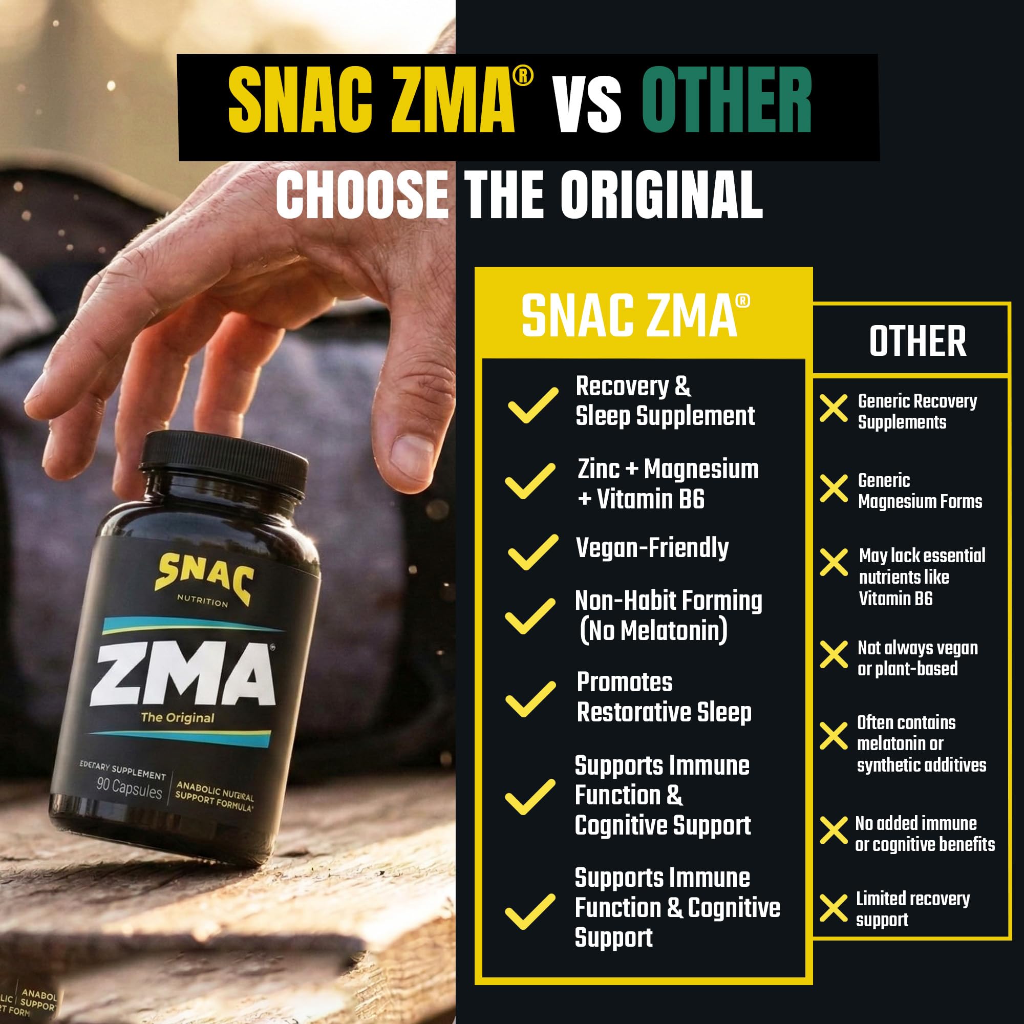 SNAC ZMA bottle with glass of water prepared for nightly use.