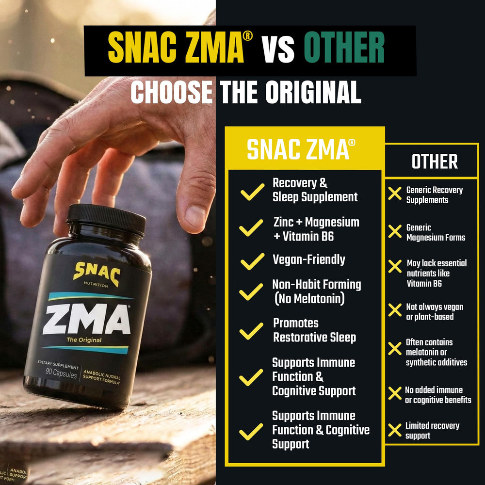 SNAC ZMA bottle with glass of water prepared for nightly use.