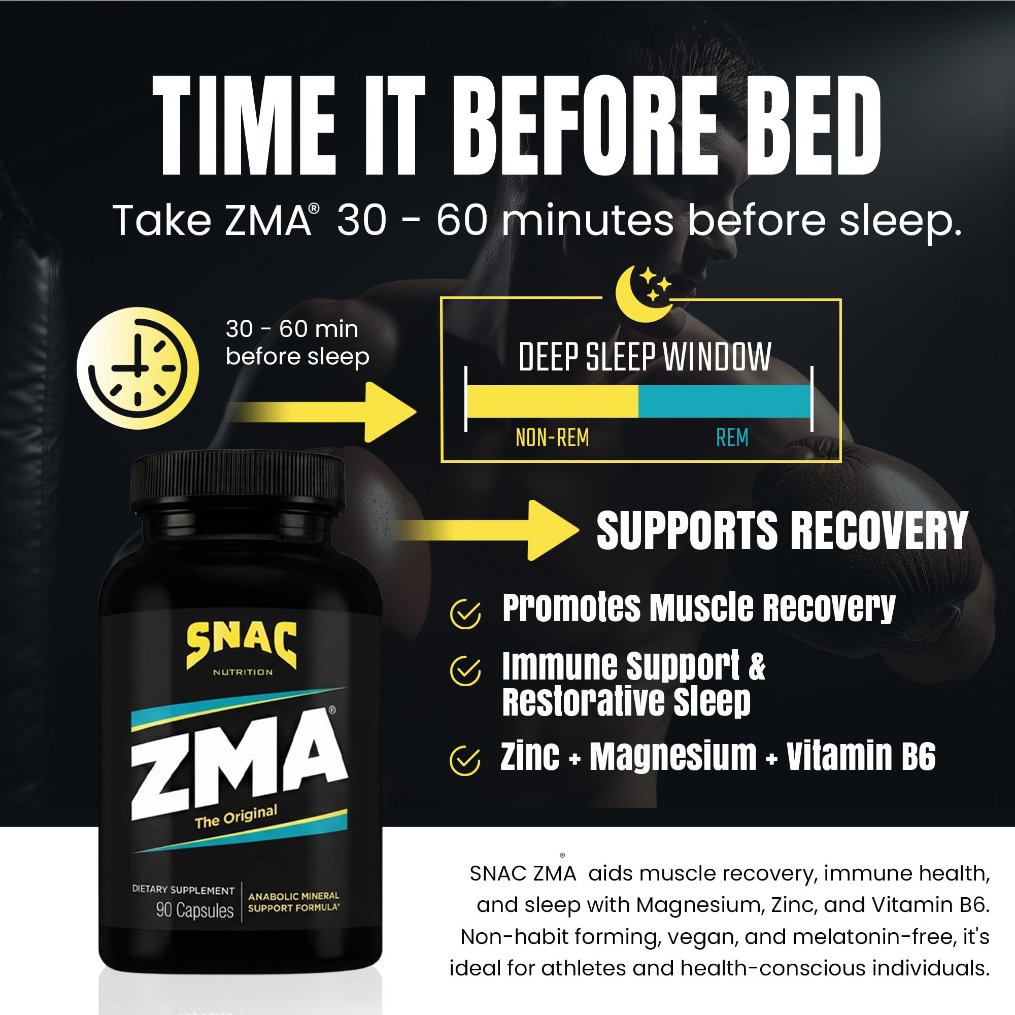 SNAC ZMA sleep scene showing a nighttime routine for deeper rest and focus.