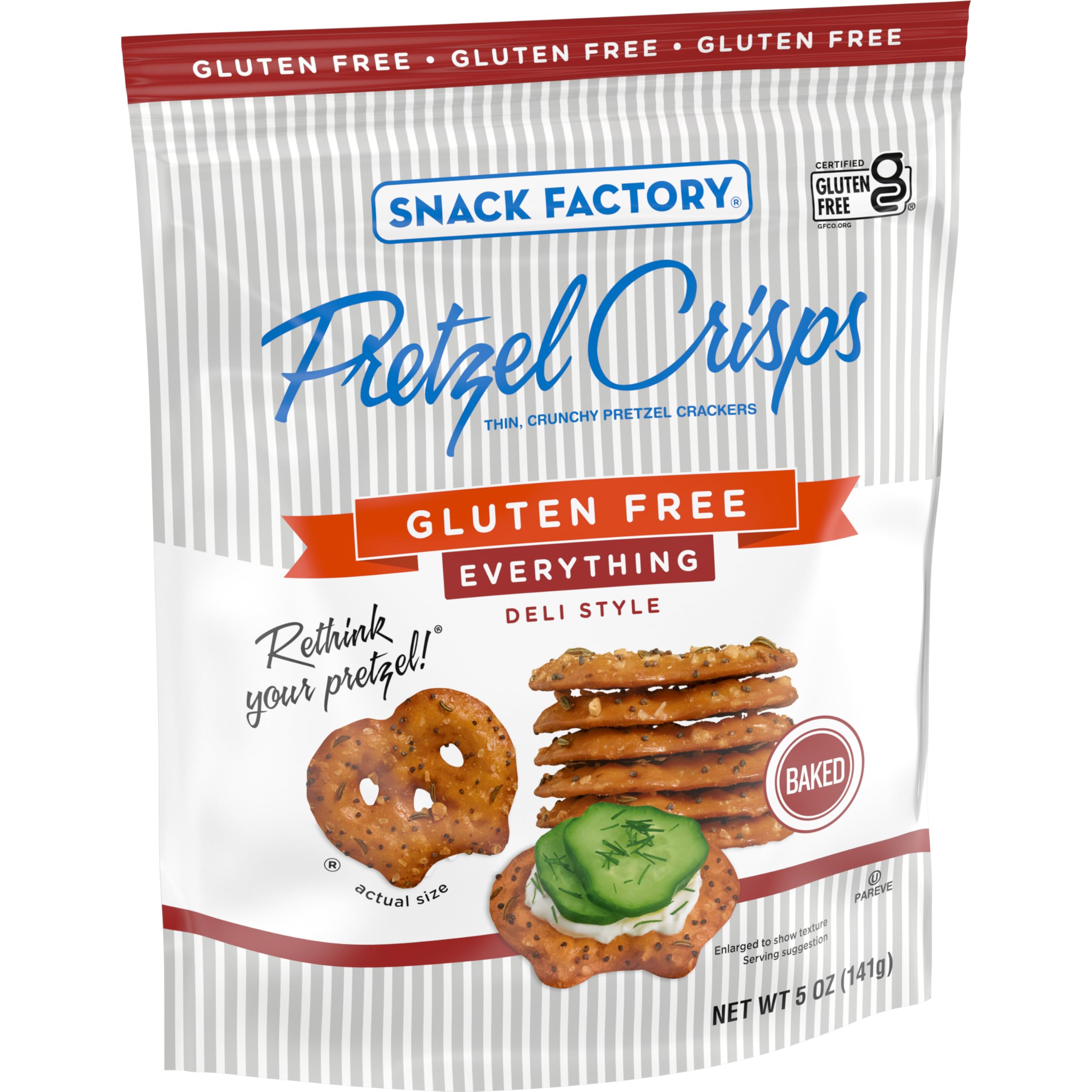 Snack Factory 5-ounce resealable bag keeps pretzels fresh and crunchy