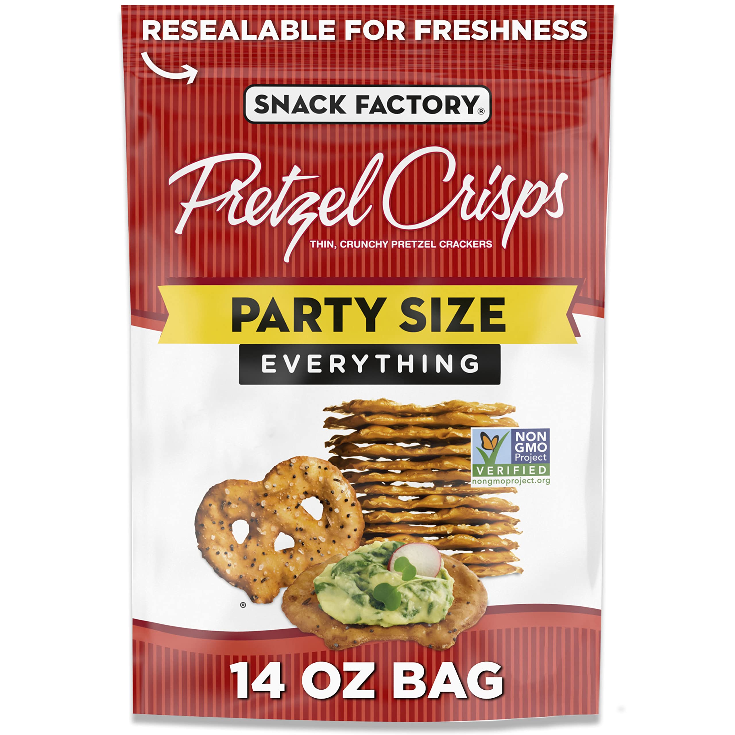 Snack Factory Everything Pretzel Crisps bag front, ideal for party sharing.