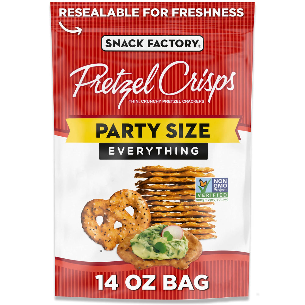 Snack Factory Everything Pretzel Crisps bag front, ideal for party sharing.