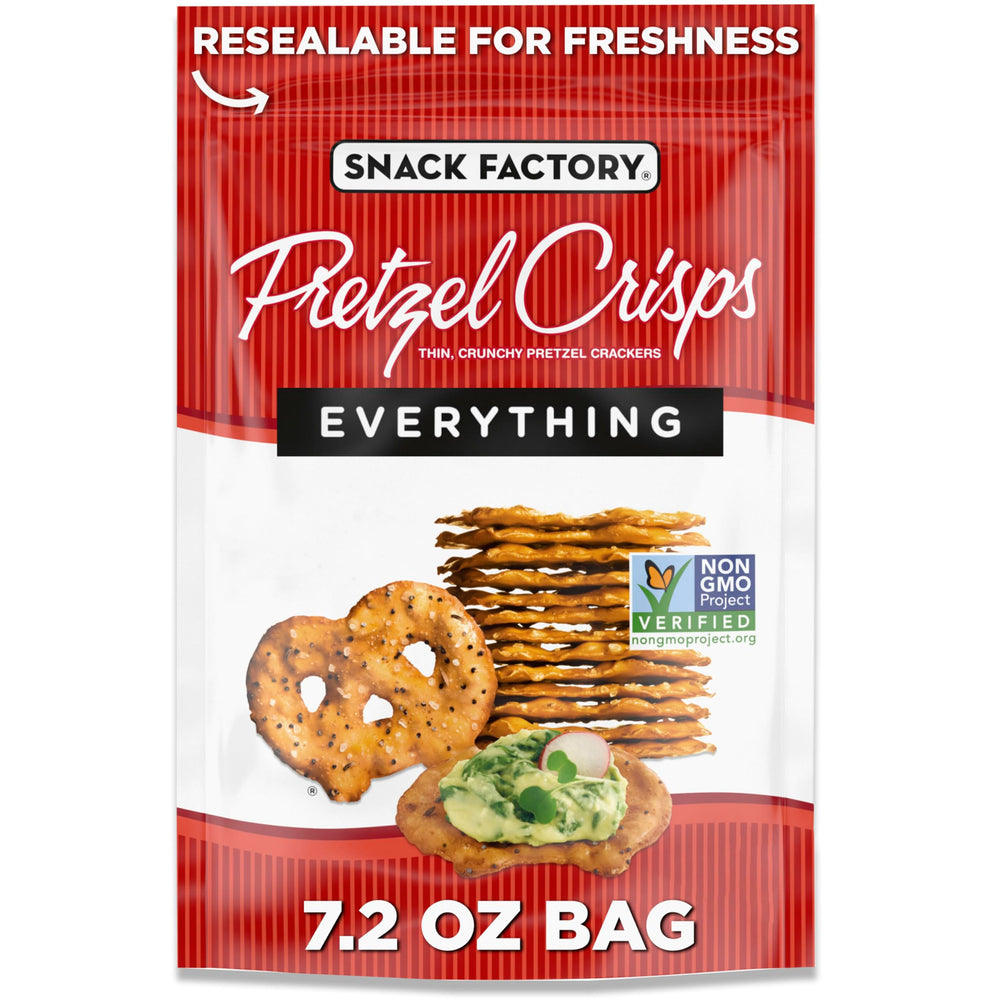 Snack Factory Everything Pretzel Crisps bag front for pantry-snack convenience
