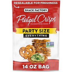 Snack Factory Everything Pretzel Crisps bag front, ideal for party sharing.
