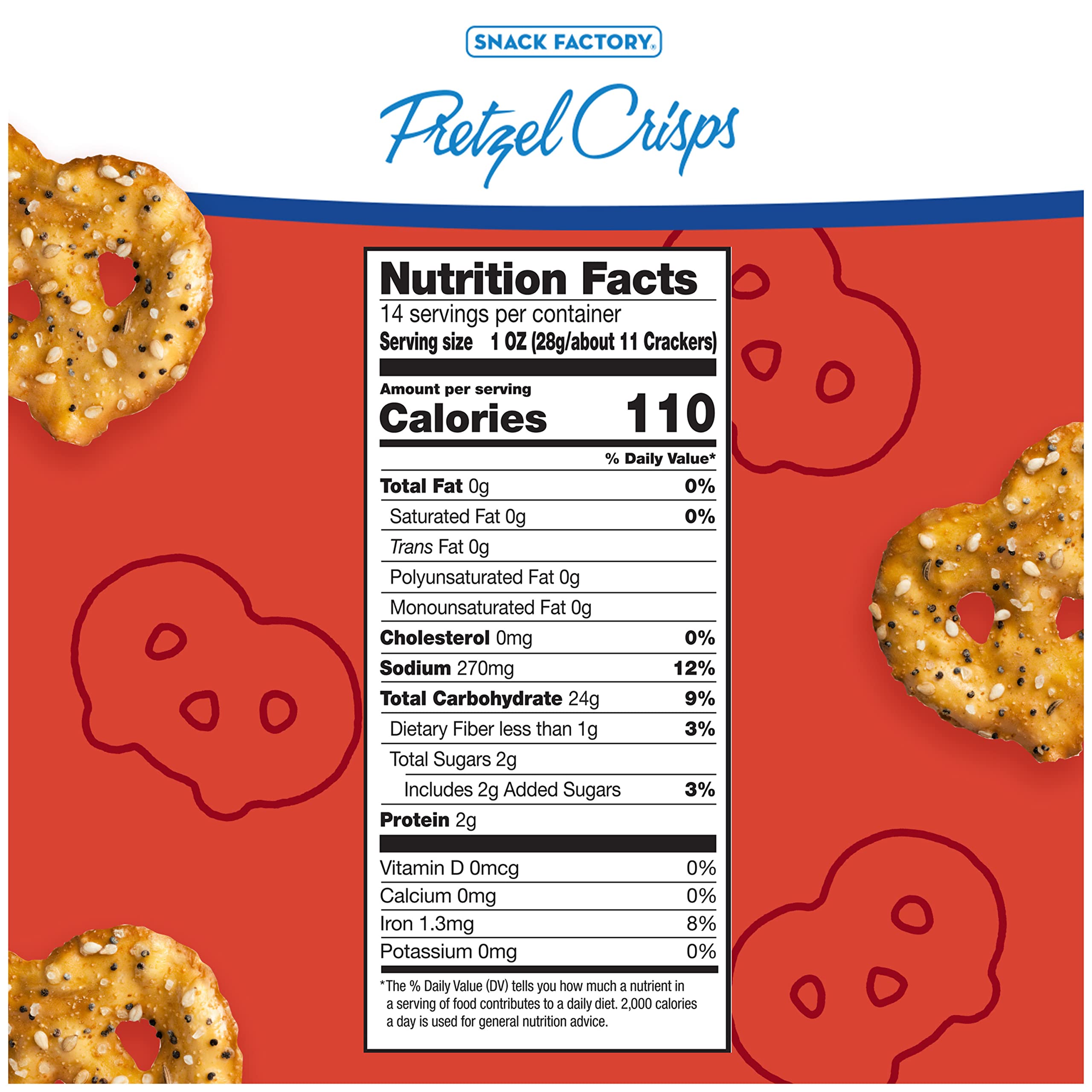 Snack Factory Everything Pretzel Crisps closeup shows seeds and seasoning for flavorful snacking.