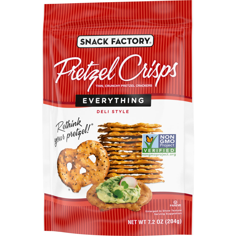 Snack Factory Everything Pretzel Crisps kitchen setup with 7-serving bag