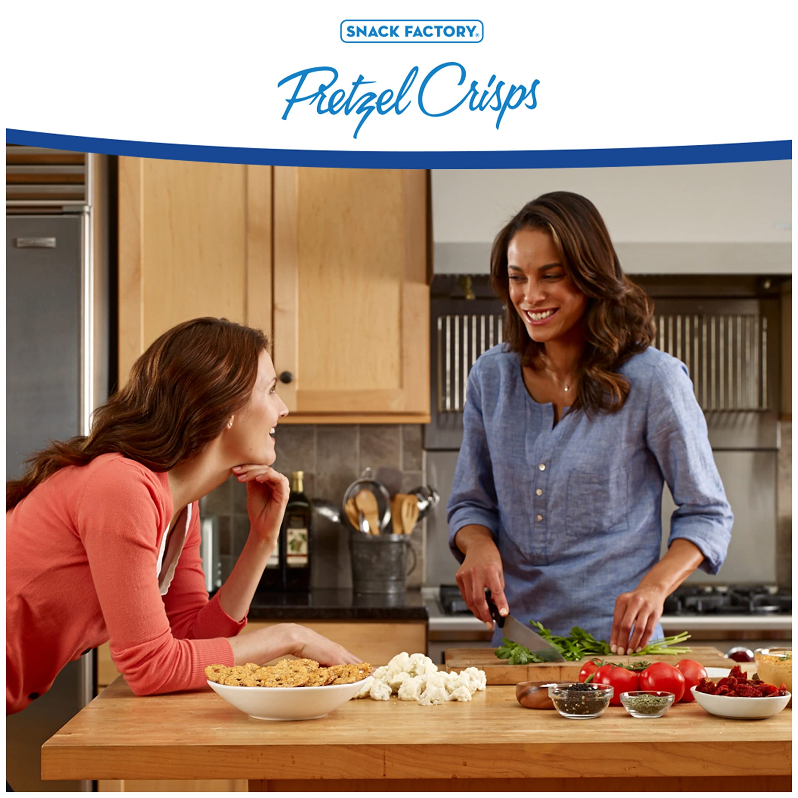 Snack Factory Everything Pretzel Crisps party-size bag ideal for gatherings.