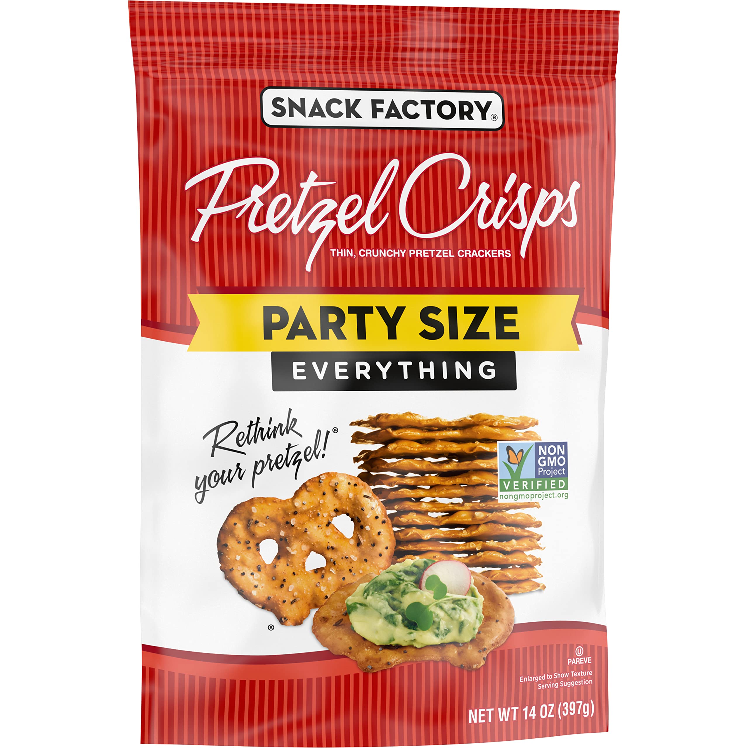 Snack Factory Everything Pretzel Crisps serving bowl creates a ready party spread.