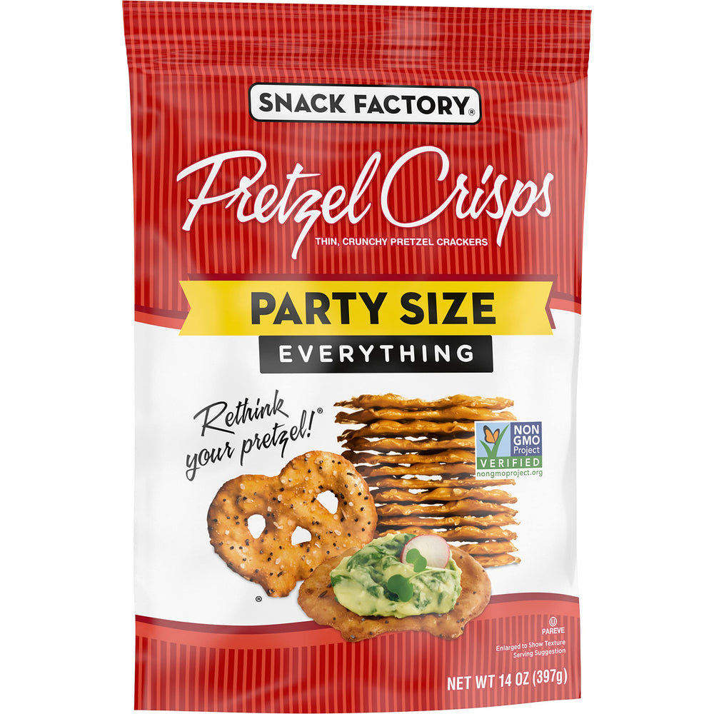 Snack Factory Everything Pretzel Crisps serving bowl creates a ready party spread.
