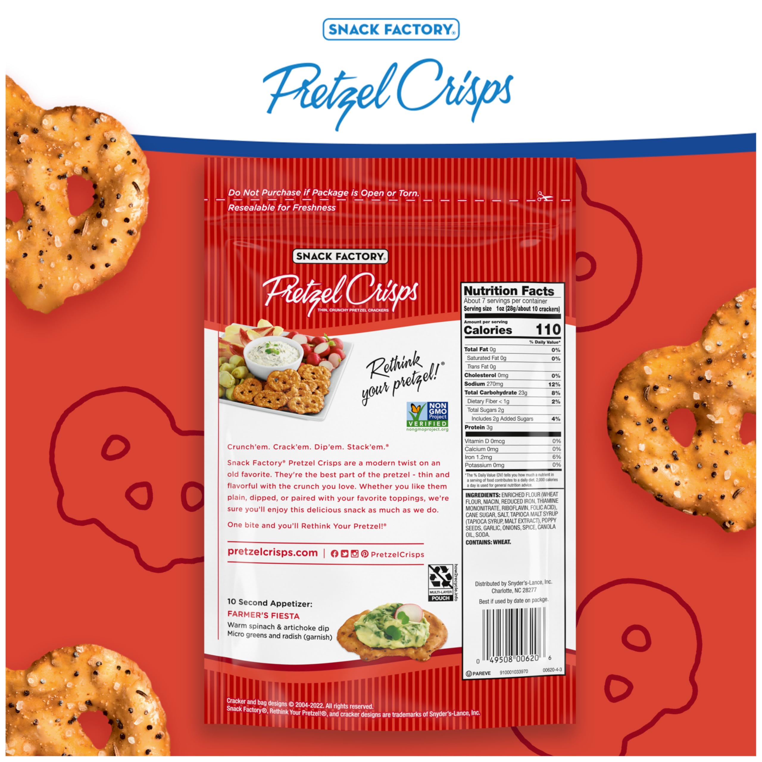 Snack Factory Everything Pretzel Crisps serving platter with dips for entertaining