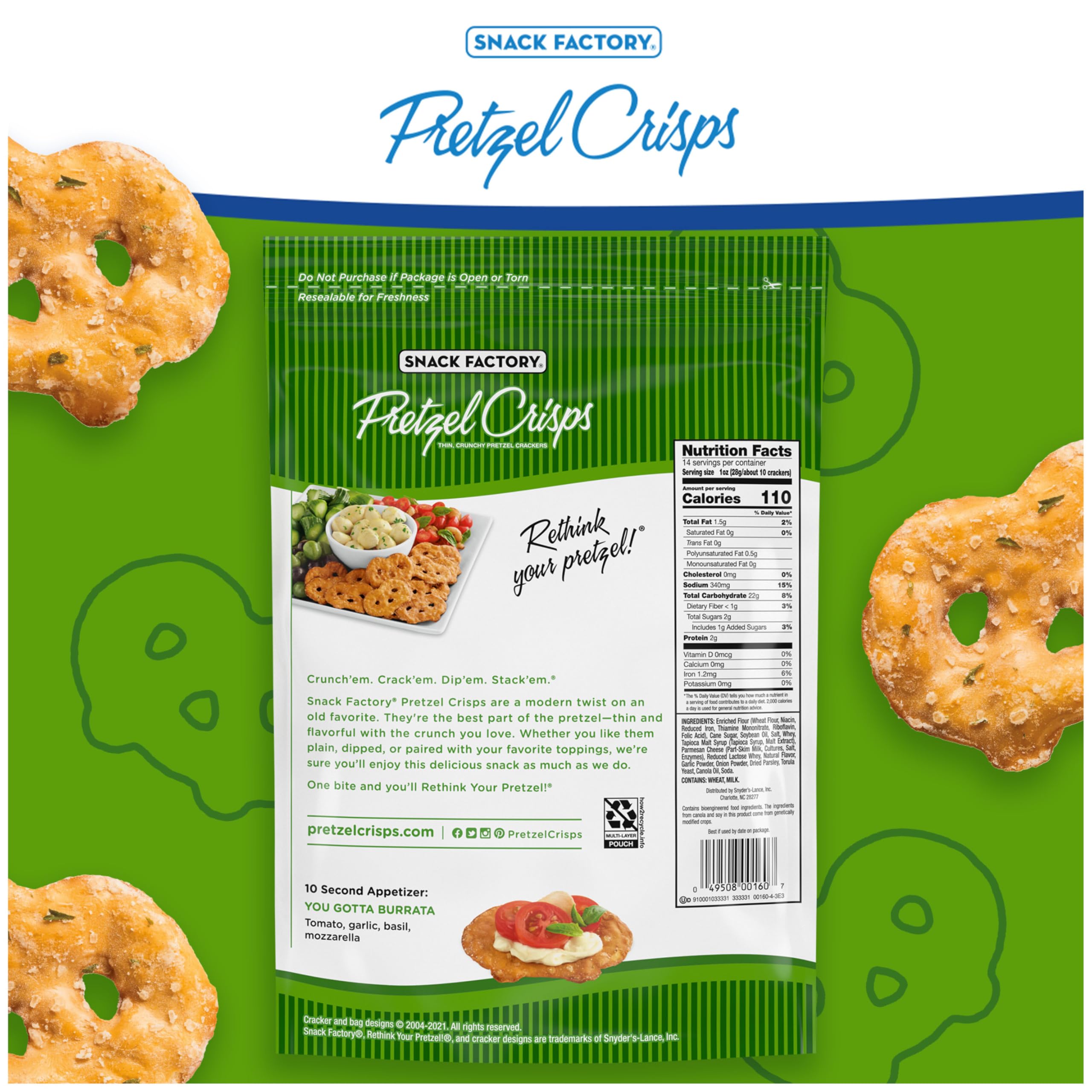 Snack Factory Garlic Parmesan Pretzel Crisps 14-ounce resealable bag keeps crisps fresh.