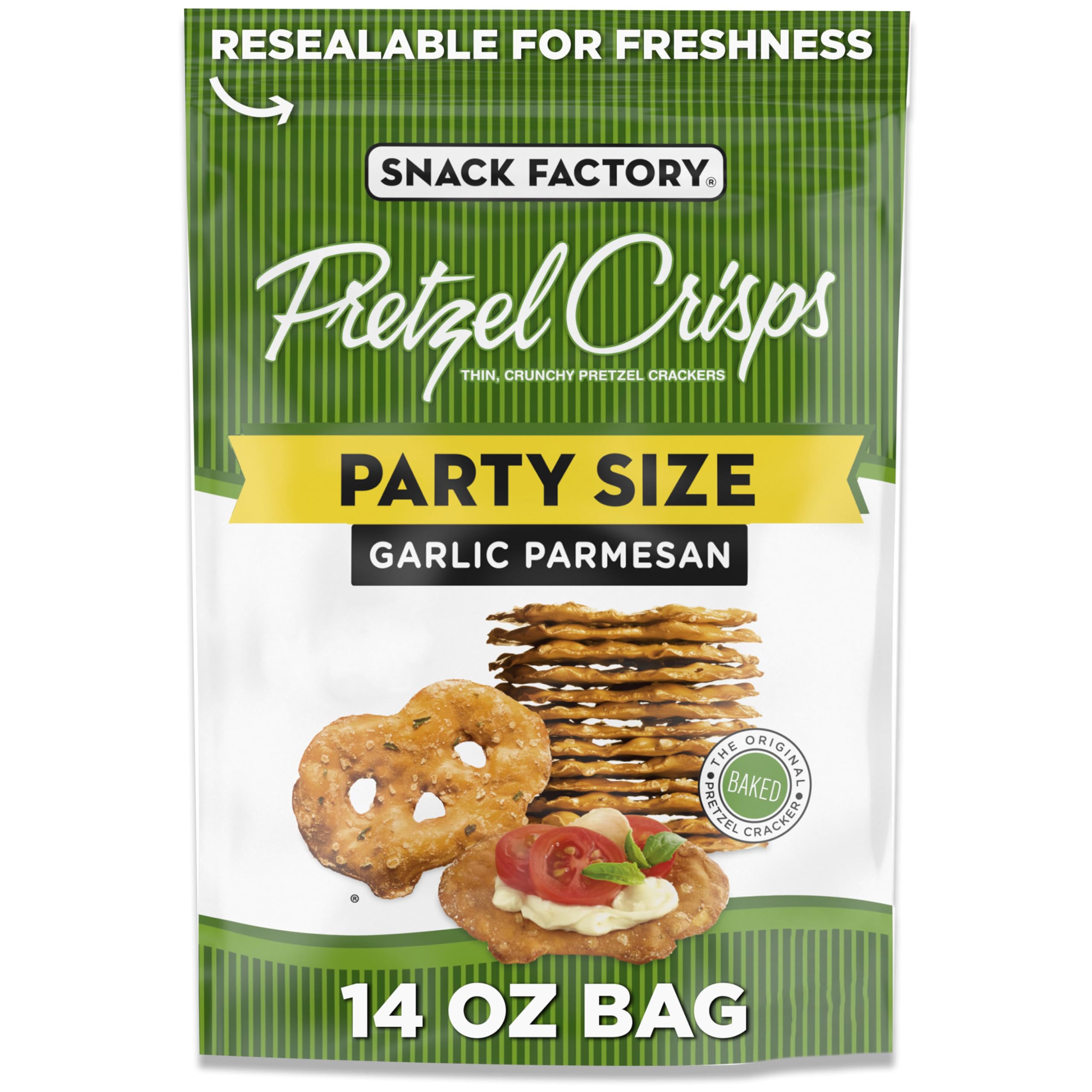 Snack Factory Garlic Parmesan Pretzel Crisps bag on display, ideal for entertaining.