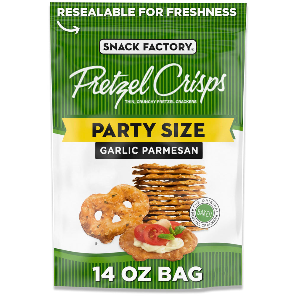 Snack Factory Garlic Parmesan Pretzel Crisps bag on display, ideal for entertaining.