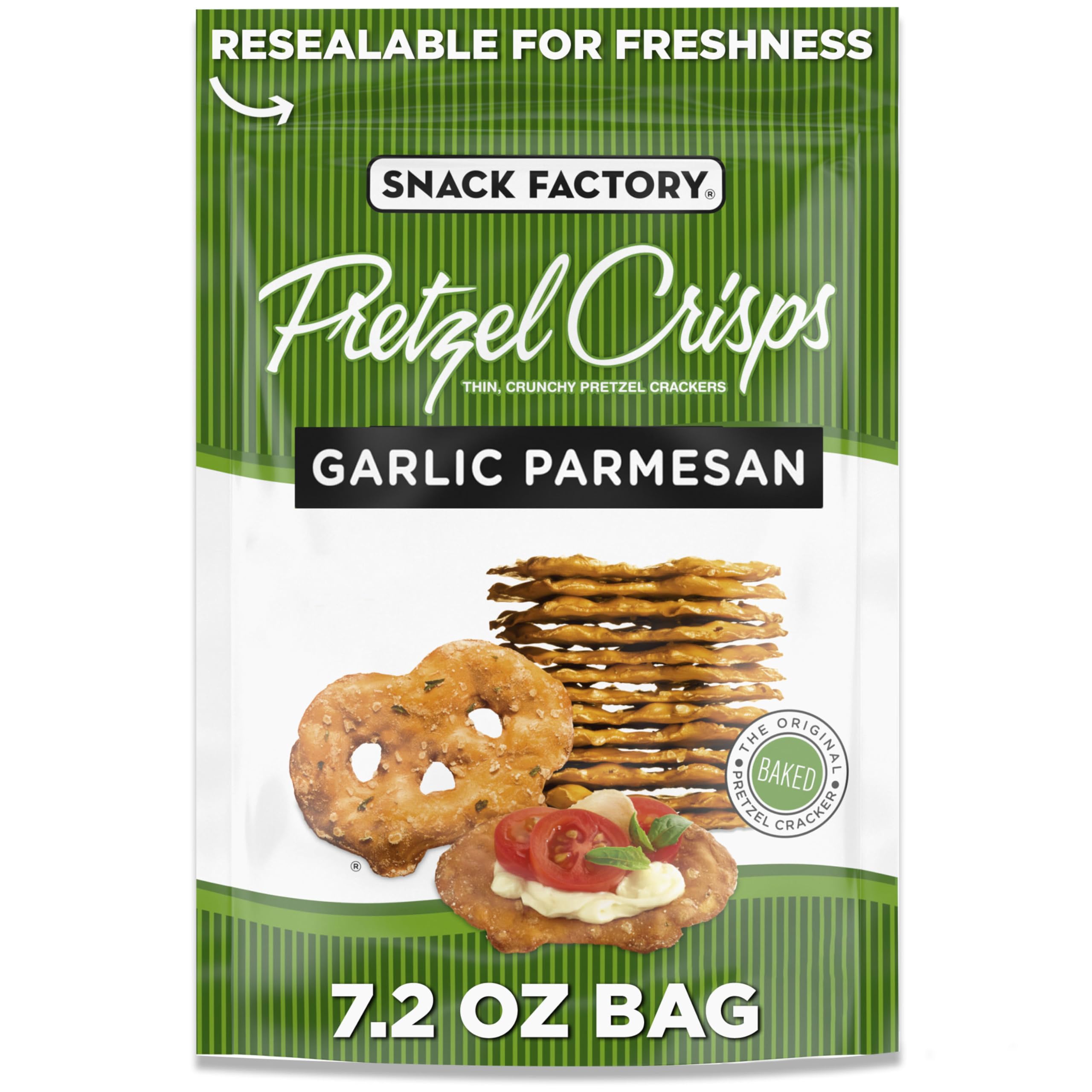Snack Factory Garlic Parmesan Pretzel Crisps bag with resealable top for freshness.