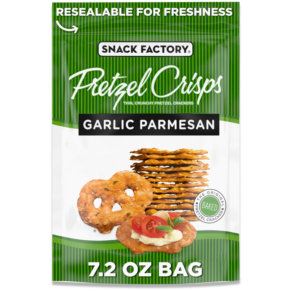 Snack Factory Garlic Parmesan Pretzel Crisps bag with resealable top for freshness.
