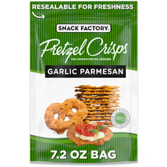 Snack Factory Garlic Parmesan Pretzel Crisps bag with resealable top for freshness.