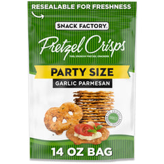 Snack Factory Garlic Parmesan Pretzel Crisps bag on display, ideal for entertaining.
