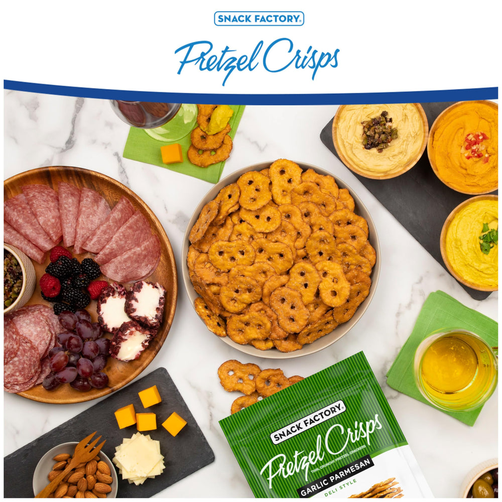Snack Factory Garlic Parmesan Pretzel Crisps on a charcuterie board for entertaining.