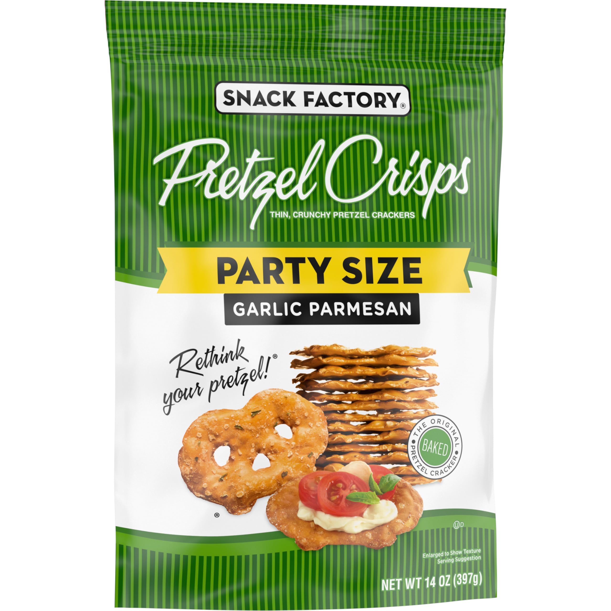 Snack Factory Garlic Parmesan Pretzel Crisps enhance a charcuterie spread.