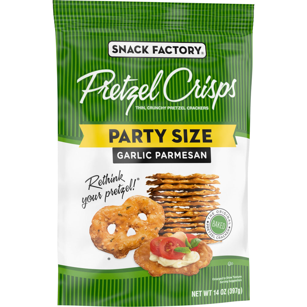 Snack Factory Garlic Parmesan Pretzel Crisps enhance a charcuterie spread.