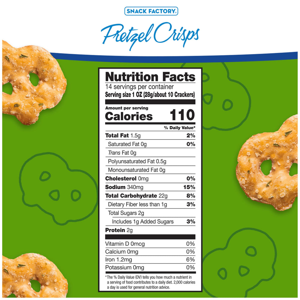 Snack Factory Garlic Parmesan Pretzel Crisps close-up reveals thin, crunchy texture with savory garlic and Parmesan.