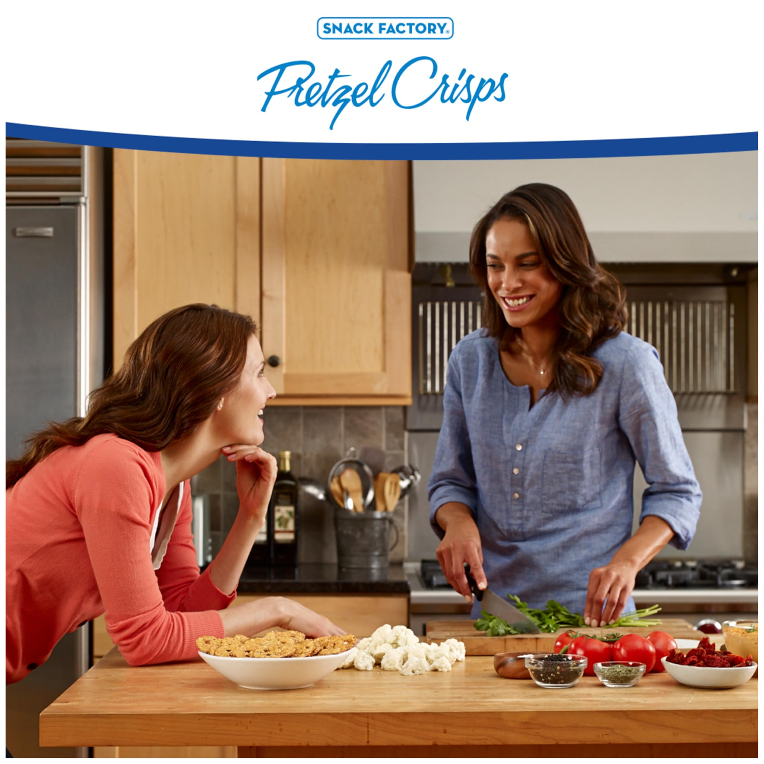Snack Factory Garlic Parmesan Pretzel Crisps party-size bag sits ready for guests.