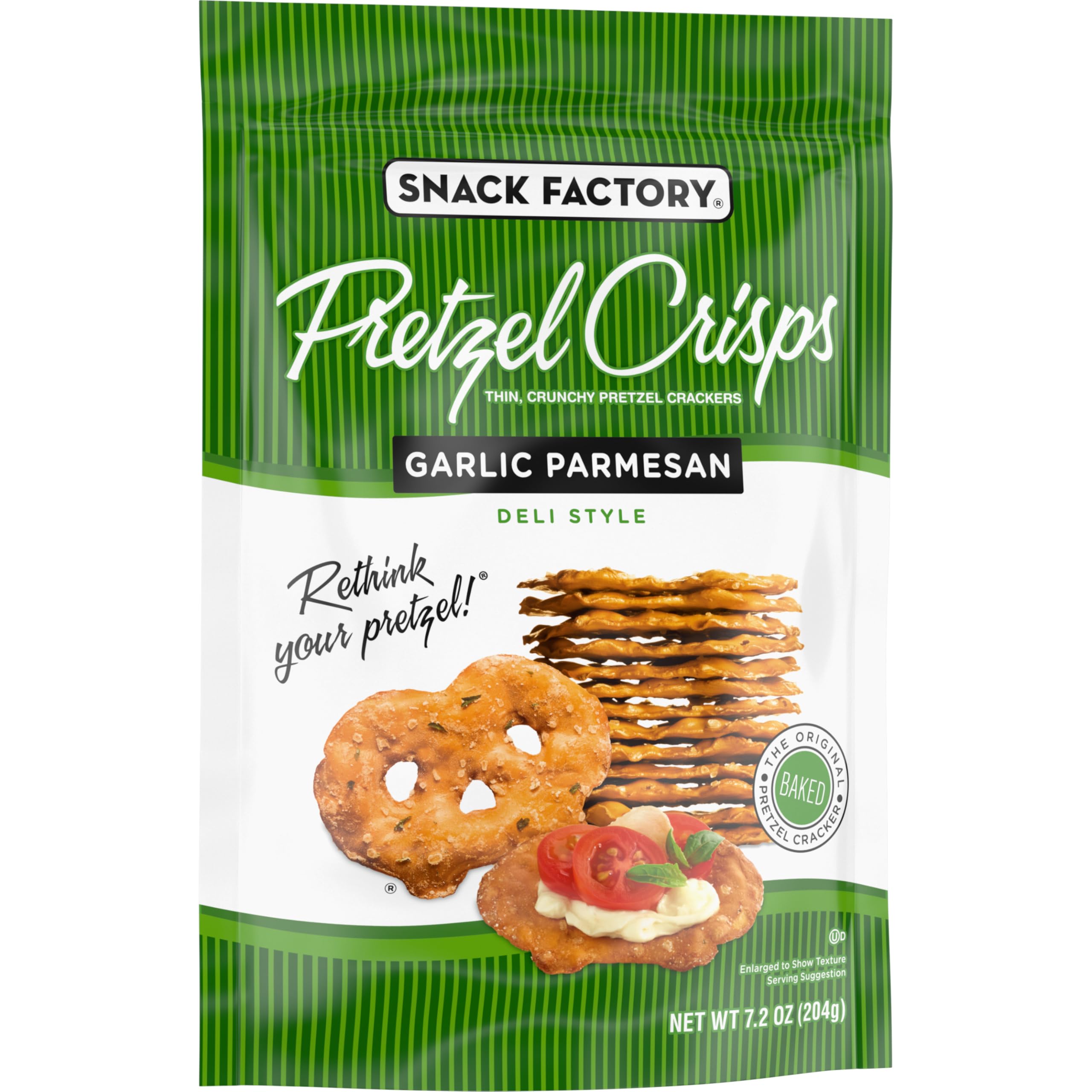 Macro shot of thin, crisp texture from Snack Factory Garlic Parmesan Pretzel Crisps.