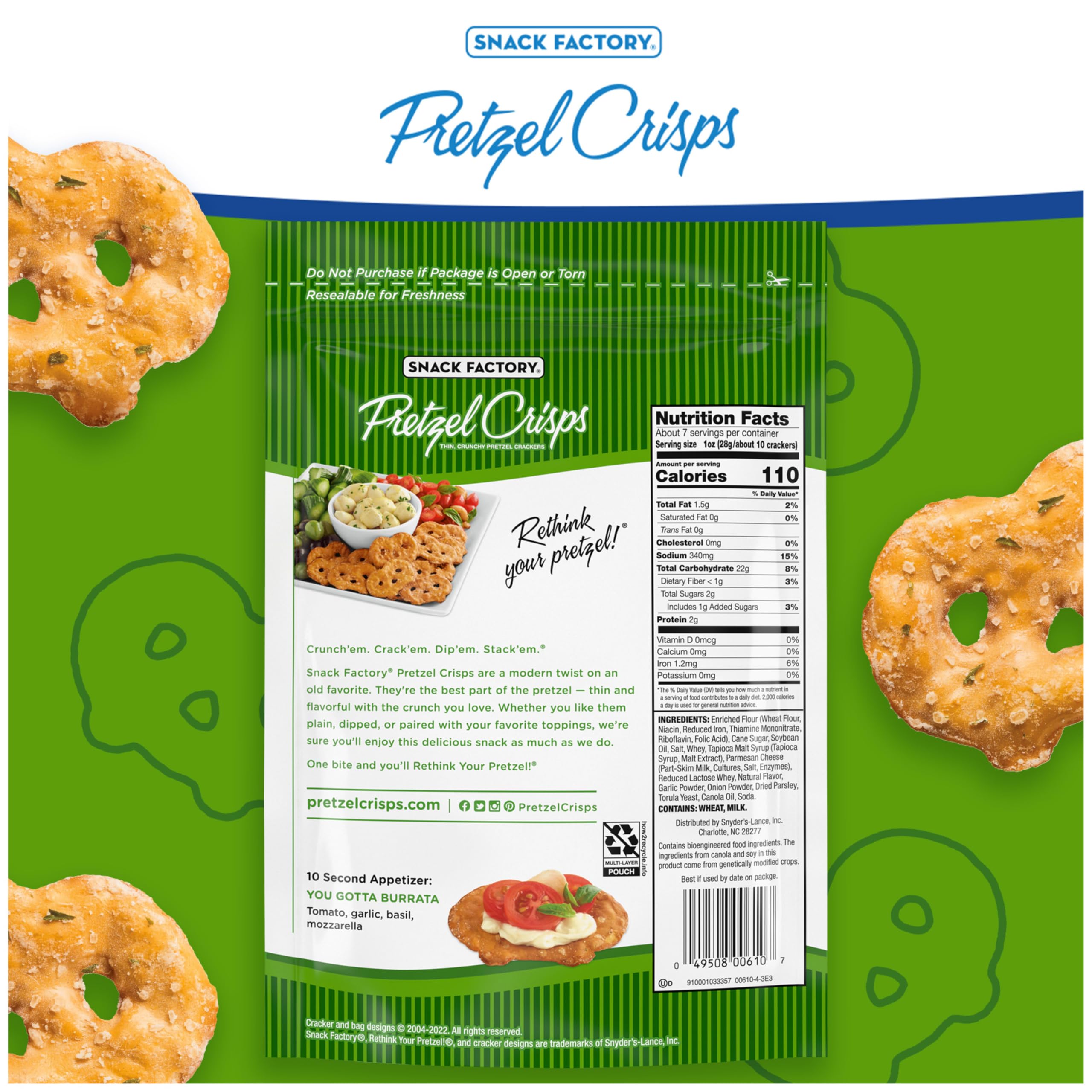 Appetizer idea with tomato, basil, mozzarella on Snack Factory Garlic Parmesan Pretzel Crisps.