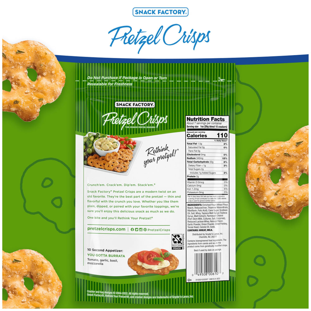 Appetizer idea with tomato, basil, mozzarella on Snack Factory Garlic Parmesan Pretzel Crisps.