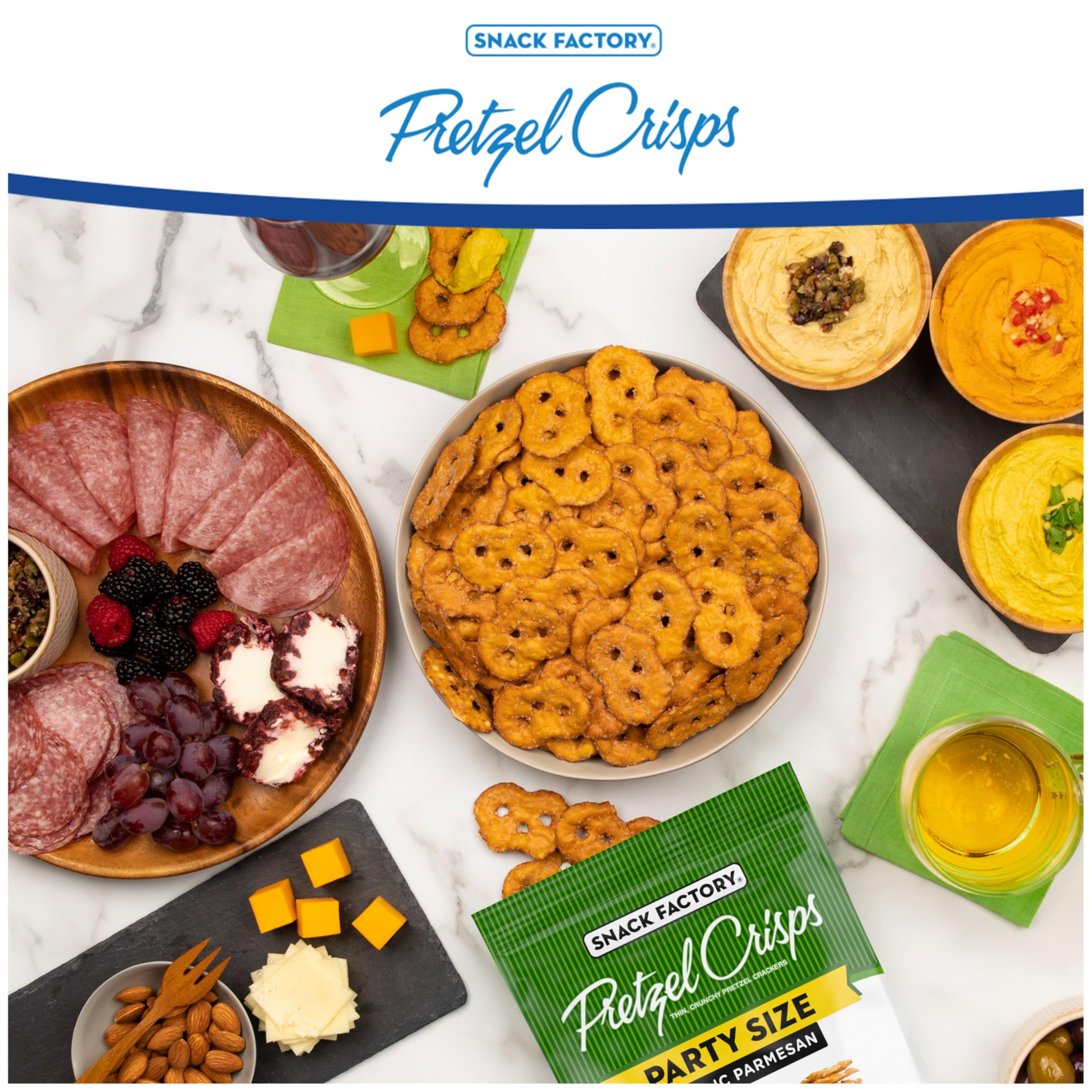 Snack Factory Garlic Parmesan Pretzel Crisps topped with tomato, basil, and mozzarella for an easy snack.