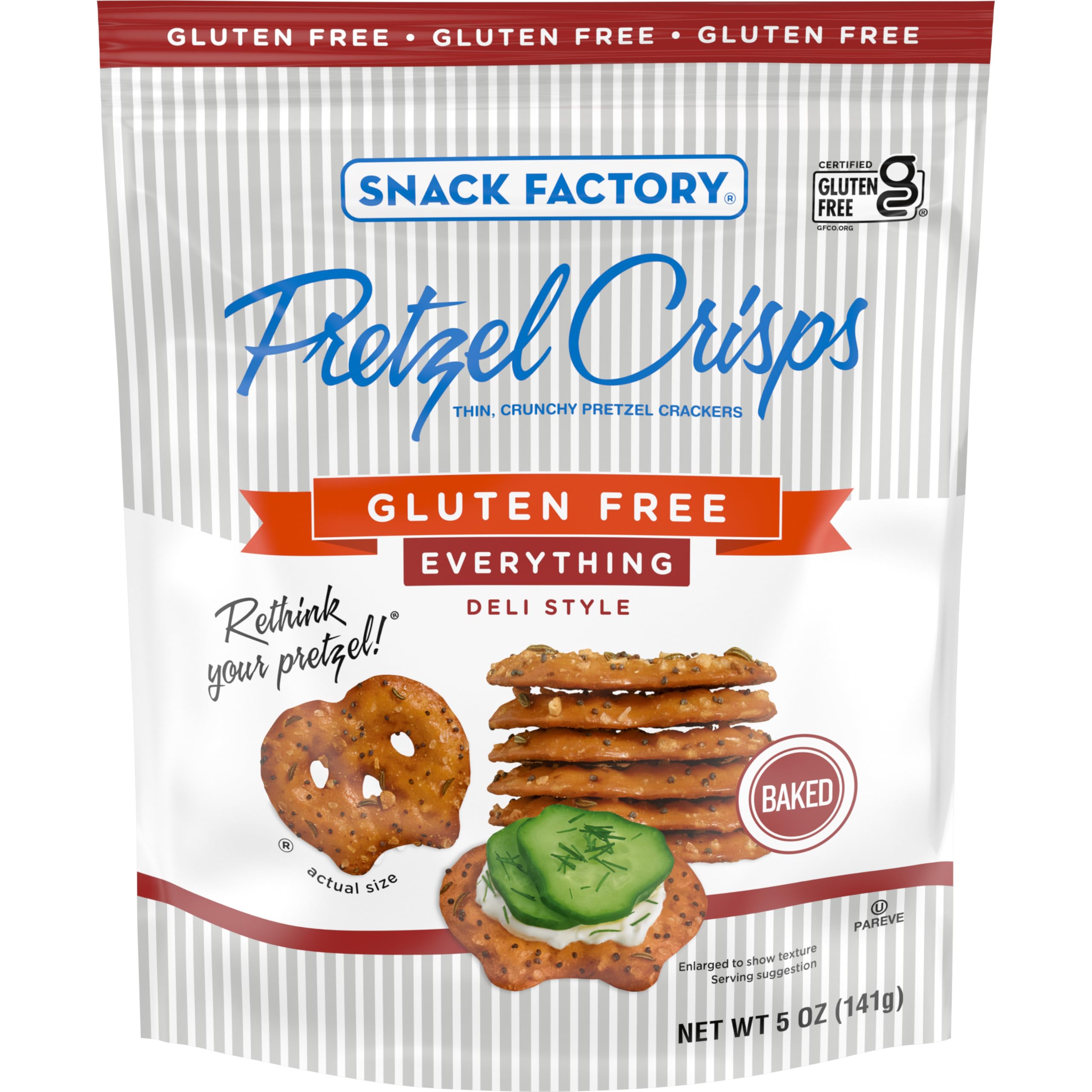 Snack Factory gluten free everything pretzel crisps bag showing seeds ideal for dipping