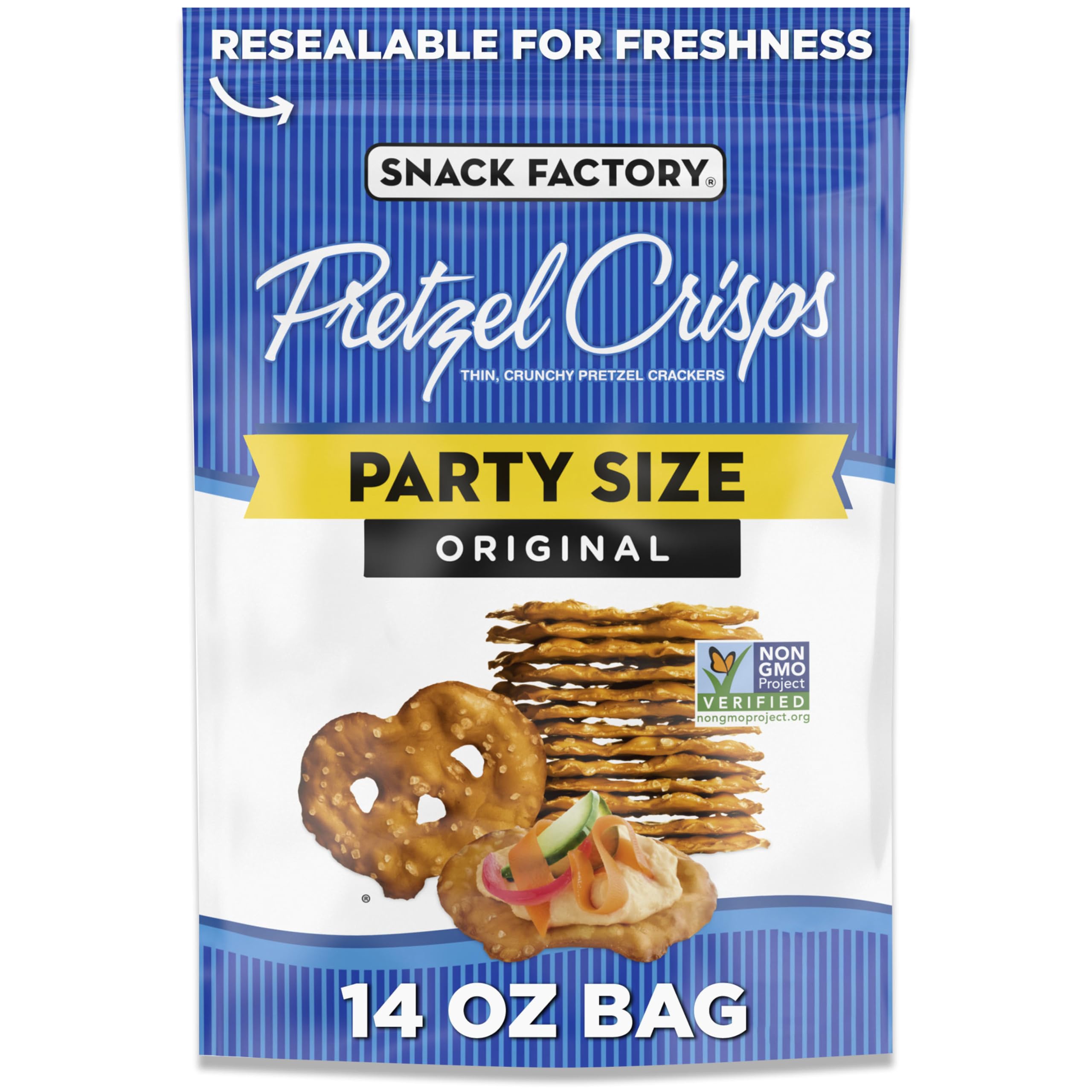 Snack Factory Original Pretzel Crisps bag ideal for parties and sharing.